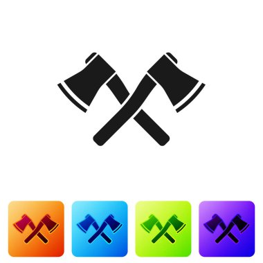 Siyah Haçlı tahta balta ikonu beyaz arka planda izole edilmiş. Oduncu baltası. Renkli kare düğmelerle simgeleri ayarla. Vektör İllüstrasyonu
