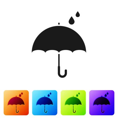 Siyah Şemsiye ve yağmur damlaları ikonu beyaz arkaplanda izole edilmiş. Su geçirmez ikon. Koruma, güvenlik, güvenlik kavramı. Suya dayanıklı sembol. Renkli kare düğmelerle simgeleri ayarla. Vektör İllüstrasyonu