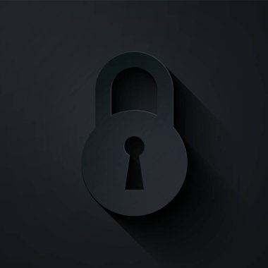 Kağıt kesiği simgesi siyah arkaplanda izole edildi. Asma kilit işareti. Güvenlik, güvenlik, koruma, gizlilik kavramı. Kağıt sanatı tarzı. Vektör İllüstrasyonu