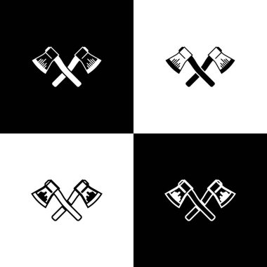 Siyah beyaz arka plan üzerinde izole Crossed ahşap balta simgesi ayarlayın. Oduncu baltası. Vektör İllüstrasyonu