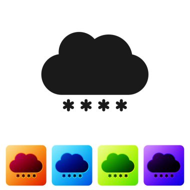 Beyaz arkaplanda izole edilmiş kar ikonu olan siyah bulut. Kar taneli bulut. Tek hava ikonu. Kar tabelası. Renkli kare düğmelerle simgeleri ayarla. Vektör İllüstrasyonu