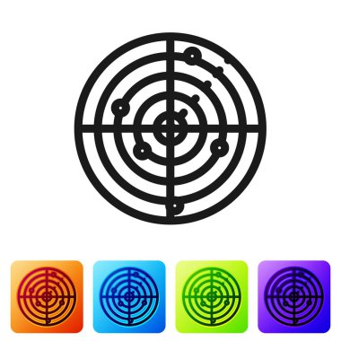 Beyaz arkaplanda izole edilmiş simgeyi ararken hedefleri olan siyah radar. Askeri arama sistemi. Donanma sonarı. Renkli kare düğmelerle simgeleri ayarla. Vektör İllüstrasyonu