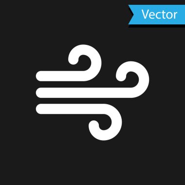 Beyaz Rüzgar simgesi siyah arkaplanda izole edildi. Rüzgarlı bir hava. Vektör İllüstrasyonu