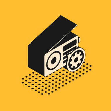 Sarı arka planda anten ve dişli ikonuna sahip Isometric Radyo. Uygulama, servis konsepti, ayar seçenekleri, bakım, onarım, onarım. Vektör İllüstrasyonu