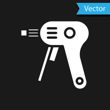 Siyah arkaplanda beyaz elektrikli sıcak yapıştırıcı tabancası ikonu var. Sıcak tabanca yapıştırıcısı. Sıcak tamir aletleri silikon. Vektör İllüstrasyonu