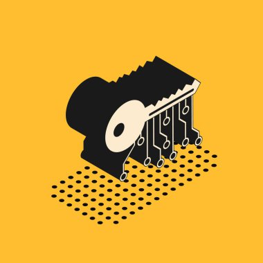 Sarı arkaplanda izole edilmiş Isometric Kripto para birimi simgesi. Siber güvenlik kavramı ya da özel anahtar, teknolojik arayüzlü dijital anahtar. Vektör İllüstrasyonu