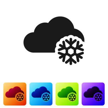 Beyaz arkaplanda izole edilmiş kar ikonu olan siyah bulut. Kar taneli bulut. Tek hava ikonu. Kar tabelası. Renkli kare düğmelerle simgeleri ayarla. Vektör İllüstrasyonu