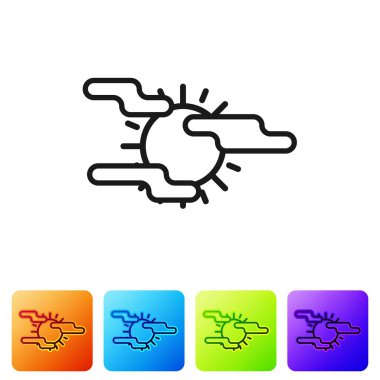 Siyah Sis ve Güneş ikonu beyaz arka planda izole edildi. Renkli kare düğmelerle simgeleri ayarla. Vektör İllüstrasyonu