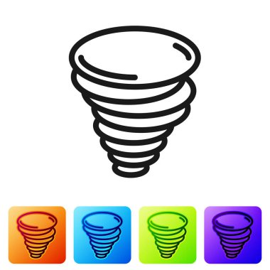 Siyah Tornado simgesi beyaz arkaplanda izole edildi. Kasırga, kasırga, fırtına bacası, kasırga ya da hortum ikonu. Renkli kare düğmelerle simgeleri ayarla. Vektör İllüstrasyonu