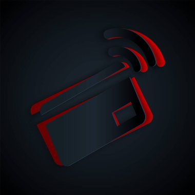 Kağıt kesiği NFC kart simgesi ile Temassız ödeme siyah arkaplanda izole. Üzerinde radyo dalgası işareti olan kart. Kredi kartı ödemesi. Kağıt sanatı tarzı. Vektör İllüstrasyonu