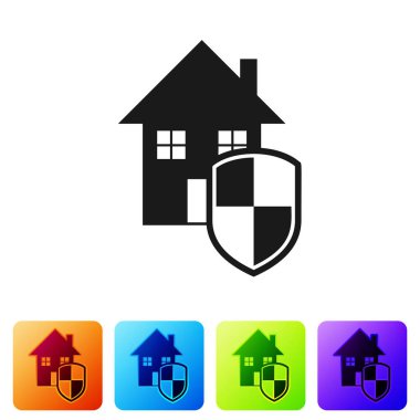 Beyaz arka planda izole edilmiş koruma simgesi altındaki Kara Ev. Ev ve kalkan. Koruma, güvenlik, güvenlik, koruma, savunma konsepti. Renkli kare düğmelerle simgeleri ayarla. Vektör İllüstrasyonu