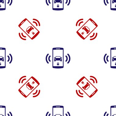Mavi ve kırmızı akıllı araba alarm sistemi simgesi beyaz arka planda izole edilmiş. Akıllı telefon telsizdeki araba güvenliğini kontrol ediyor. Vektör İllüstrasyonu