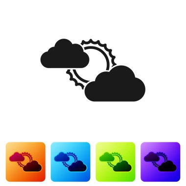 Siyah Güneş ve bulut hava durumu ikonu beyaz arka planda izole edildi. Renkli kare düğmelerle simgeleri ayarla. Vektör İllüstrasyonu