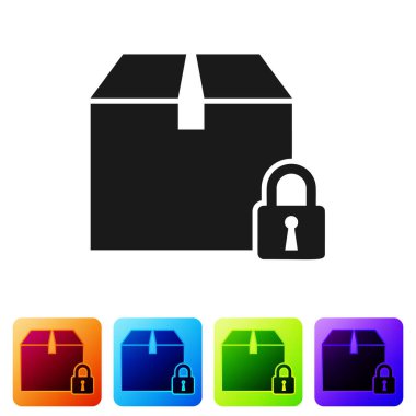 Siyah kilitli paket simgesi beyaz arkaplanda izole edildi. Kilit ve karton kutu. Renkli kare düğmelerle simgeleri ayarla. Vektör İllüstrasyonu