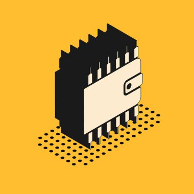 Sarı arkaplanda izole edilmiş Isometric Crypto döviz cüzdanı simgesi. Cüzdan ve bitcoin işareti. Maden konsepti. Para, ödeme, nakit, ödeme ikonu. Vektör İllüstrasyonu