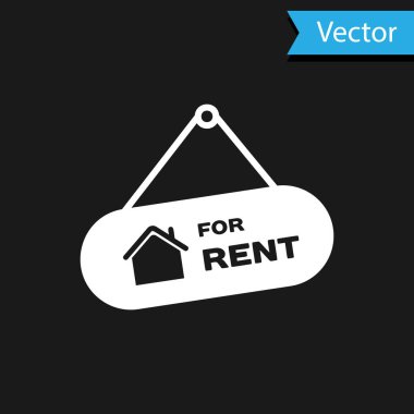 Siyah arkaplanda Kiralık Simge için Beyaz Asılma işareti var. Kiralık mesajlı pano. Vektör İllüstrasyonu