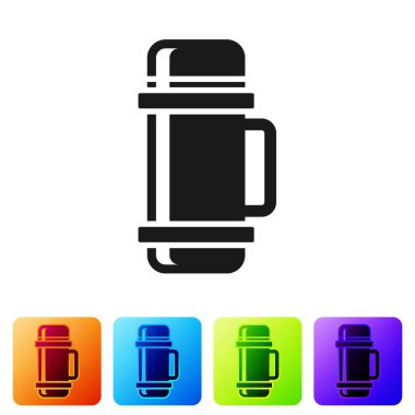 Beyaz arka planda siyah termos konteynır simgesi izole edildi. Termo matara ikonu. Kamp ve yürüyüş ekipmanları. Renkli kare düğmelerle simgeleri ayarla. Vektör İllüstrasyonu