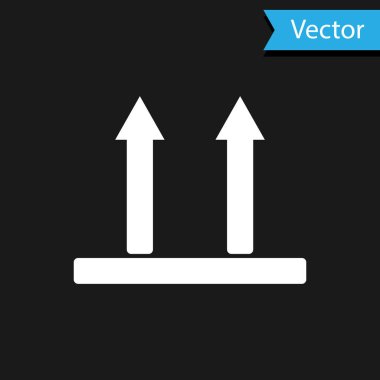 Beyaz Bu taraf siyah arkaplanda izole edilmiş bir simge. Paketin üst tarafını gösteren iki ok. Bu oklar her zaman yukarıyı göstersin diye kargo tutuldu. Vektör İllüstrasyonu