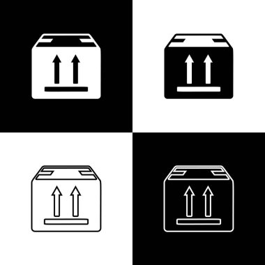 Siyah beyaz arka planda izole edilmiş trafik sembolü simgesi olan Karton kutuyu ayarlayın. Kutu, paket, paket tabelası. Teslimat, nakliye ve nakliye. Vektör İllüstrasyonu