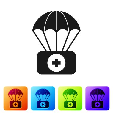 Siyah Paraşüt, beyaz arka planda izole edilmiş ilk yardım çantası simgesi. Sağlık sigortası. Renkli kare düğmelerle simgeleri ayarla. Vektör İllüstrasyonu