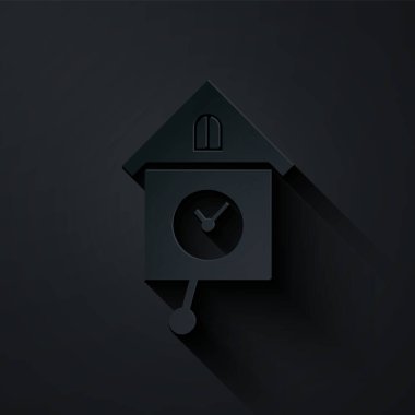 Kağıt kesiği Retro duvar izleme simgesi siyah arkaplanda izole edildi. Guguklu saat işareti. Antika sarkaçlı saat. Kağıt sanatı tarzı. Vektör İllüstrasyonu