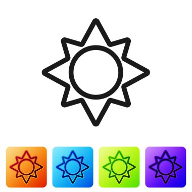 Siyah Güneş simgesi beyaz arkaplanda izole edildi. Renkli kare düğmelerle simgeleri ayarla. Vektör İllüstrasyonu