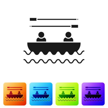 Kürekli siyah tekne ve beyaz arka planda izole edilmiş insan ikonu. Su sporları, ekstrem sporlar, tatil, tatil, takım oluşturma. Renkli kare düğmelerle simgeleri ayarla. Vektör İllüstrasyonu