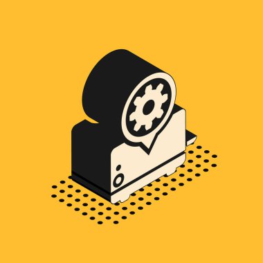 Isometric tost makinesi ve vites simgesi sarı arka planda izole edildi. Uygulama, servis konsepti, ayar seçenekleri, bakım, onarım, onarım. Vektör İllüstrasyonu