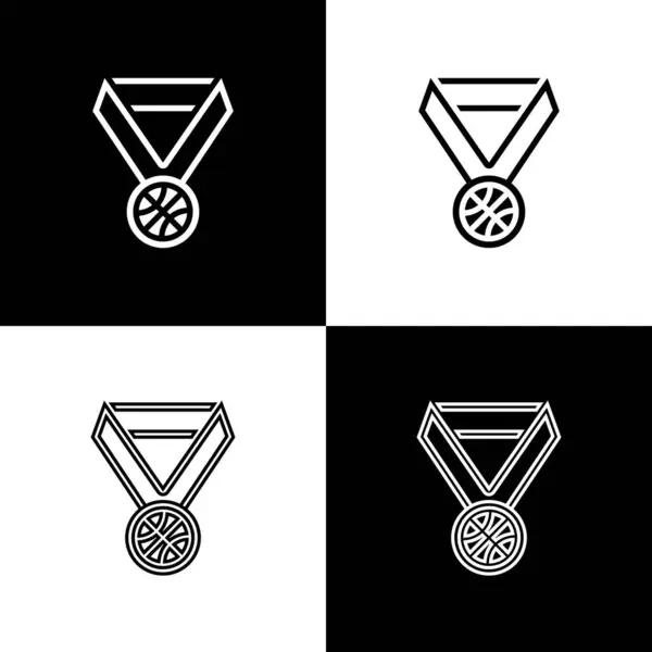 Definir medalha de basquete com ícone de fita isolado em fundo preto e branco. Ilustração vetorial —  Vetores de Stock