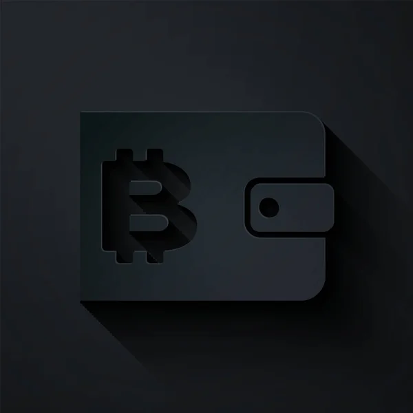 Řez papíru Ikona úschovny Cryptocurrency izolovaná na černém pozadí. Nápis peněženka a bitcoin. Koncept těžby. Peníze, platby, hotovost, ikona výplaty. Papírový styl. Vektorová ilustrace — Stockový vektor