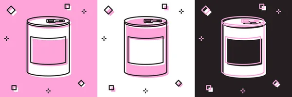 Set konzervy potraviny ikona izolované na růžové a bílé, černé pozadí. Jídlo pro zvířata. Krmivo pro zvířata. Vektorová ilustrace — Stockový vektor