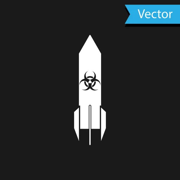 Icono blanco del cohete Biohazard aislado sobre fondo negro. Bomba cohete vuela hacia abajo. Ilustración vectorial — Vector de stock