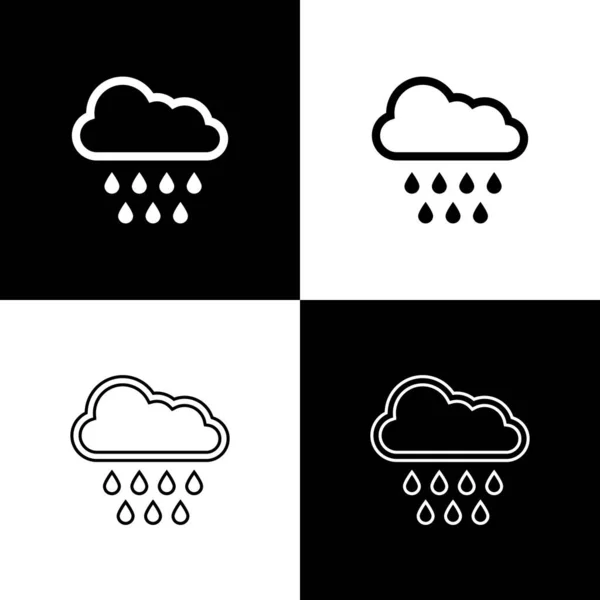 Set Cloud mit Regen-Symbol isoliert auf schwarz-weißem Hintergrund. Regenwolken mit Regentropfen. Vektorillustration — Stockvektor