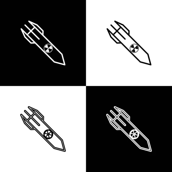 Set Icono de cohete nuclear aislado sobre fondo blanco y negro. Bomba cohete vuela hacia abajo. Ilustración vectorial — Vector de stock