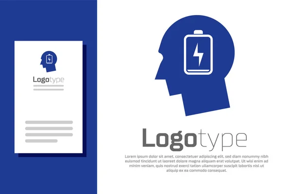 Blå manligt huvud med låg batteri ikon isolerad på vit bakgrund. Trött man. Mall för logotyp. Vektor Illustration — Stock vektor