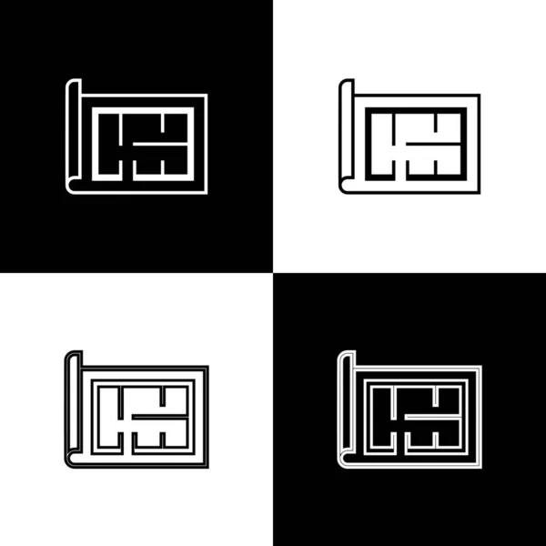 Set House plan ikon isolerad på svart och vit bakgrund. Vektor Illustration — Stock vektor