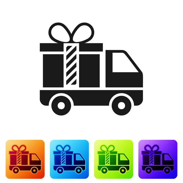 Black Delivery truck with gift icon isolated on white background. Set icons in color square buttons. Vector Illustration — Stock Vector