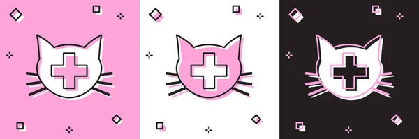 Conjunto ícone de símbolo de clínica veterinária isolado em rosa e branco, fundo preto. Cruze com cuidados veterinários gato. Sinal de primeiros socorros. Ilustração vetorial — Vetor de Stock