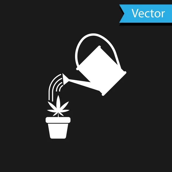 White Watering può spruzzare gocce d'acqua sopra la marijuana o la pianta di cannabis nell'icona del vaso isolata su sfondo nero. Concetto di coltivazione della marijuana. Illustrazione vettoriale — Vettoriale Stock