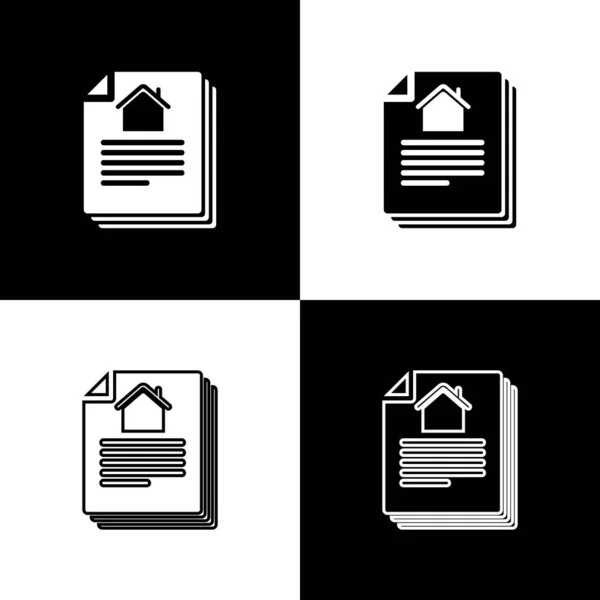 Set House contract pictogram geïsoleerd op zwart-wit achtergrond. Contract creatie dienst, document vorming, aanvraagformulier samenstelling. Vector Illustratie — Stockvector
