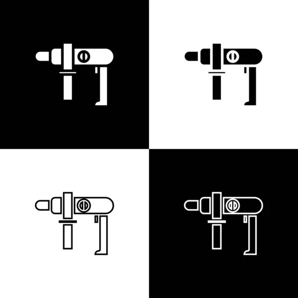 Definir ícone da máquina de broca elétrica isolado no fundo preto e branco. Ferramenta de reparo. Ilustração vetorial — Vetor de Stock