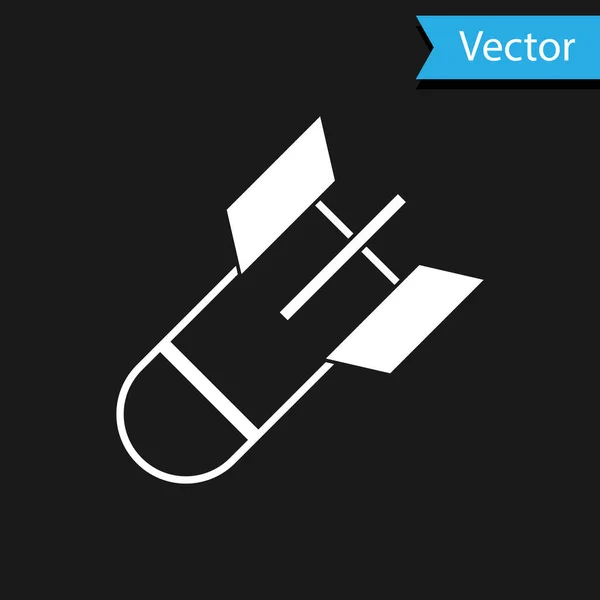 Weißes Symbol der Fliegerbombe isoliert auf schwarzem Hintergrund. Rakete fliegt herunter. Vektorillustration — Stockvektor