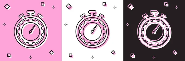 Definir ícone Gerenciamento de Tempo isolado em rosa e branco, fundo preto. Relógio e sinal de marcha. Símbolo de produtividade. Ilustração vetorial — Vetor de Stock