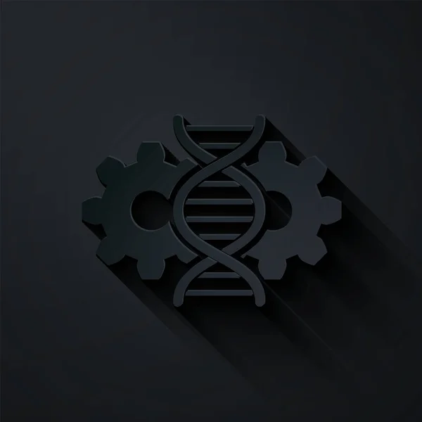 Corte de papel Icono de edición de genes aislado sobre fondo negro. Ingeniería genética. Investigación del ADN, investigación. Estilo de arte de papel. Ilustración vectorial — Archivo Imágenes Vectoriales