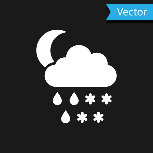 Nuage blanc avec icône neige, pluie et lune isolée sur fond noir. Icône météo. Illustration vectorielle — Image vectorielle