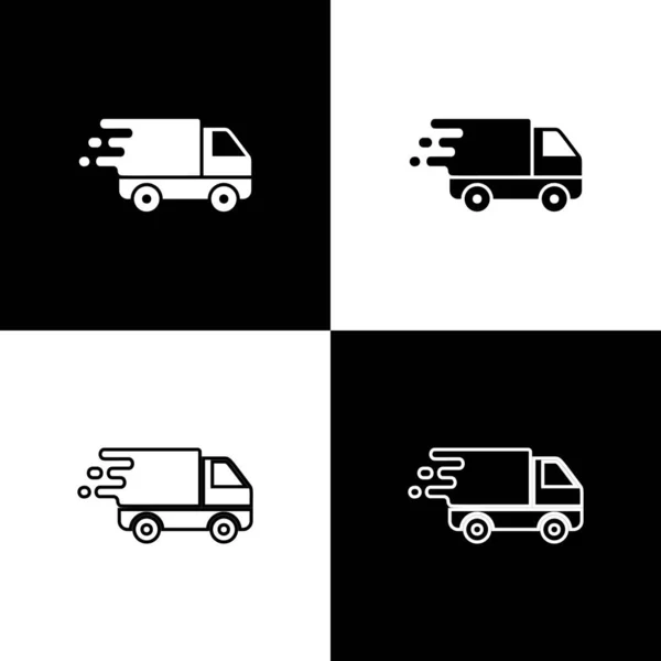 Set Lieferwagen in Bewegung Symbol isoliert auf schwarz-weißem Hintergrund. schnelle Lieferung LKW. Vektorillustration — Stockvektor