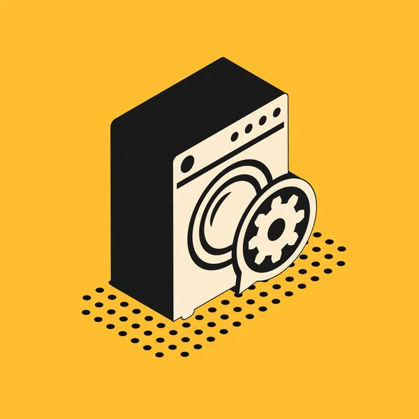 Isometric Washer and gear icon isolated on yellow background. Adjusting app, service concept, setting options, maintenance, repair, fixing. Vector Illustration — Stock Vector