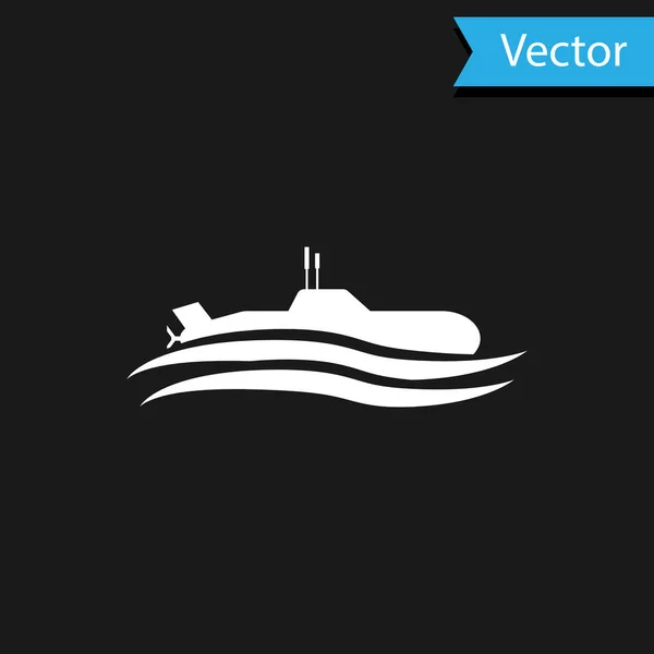 Icono submarino blanco aislado sobre fondo negro. Nave militar. Ilustración vectorial — Vector de stock