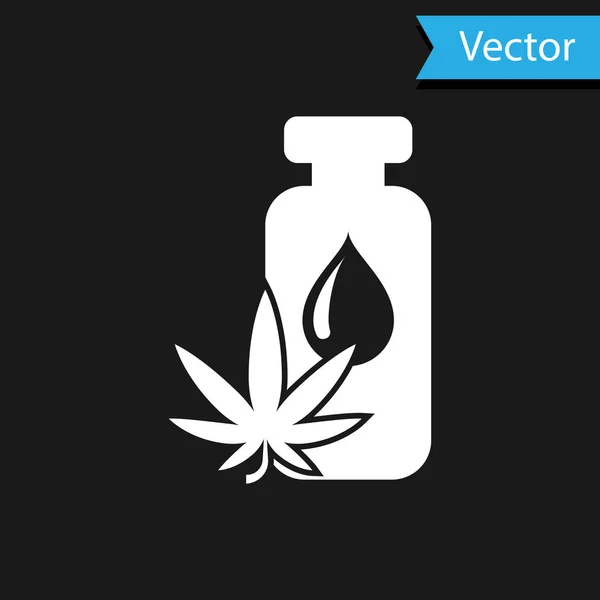 White Medical marihuana o aceite de oliva de hoja de cannabis icono de gota aislado sobre fondo negro. Extracto de cannabis. Un símbolo de cáñamo. Ilustración vectorial — Vector de stock