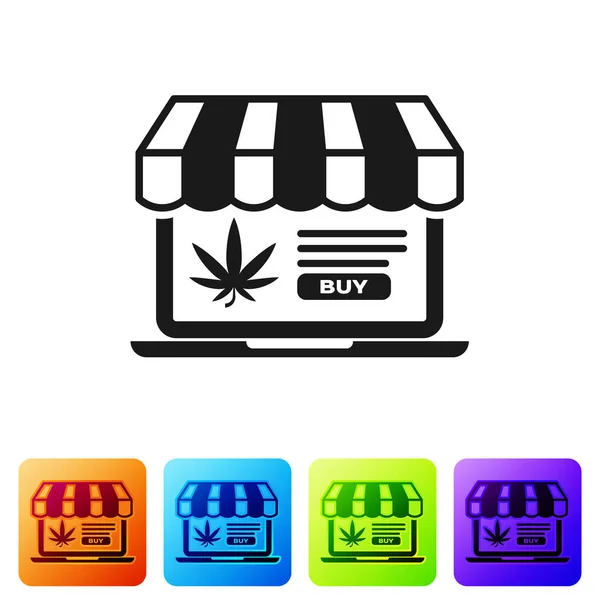 Black Laptop y marihuana medicinal o icono de la hoja de cannabis aislado sobre fondo blanco. Símbolo de compra online. Cesta del supermercado. Establecer iconos en botones cuadrados de color. Ilustración vectorial — Archivo Imágenes Vectoriales